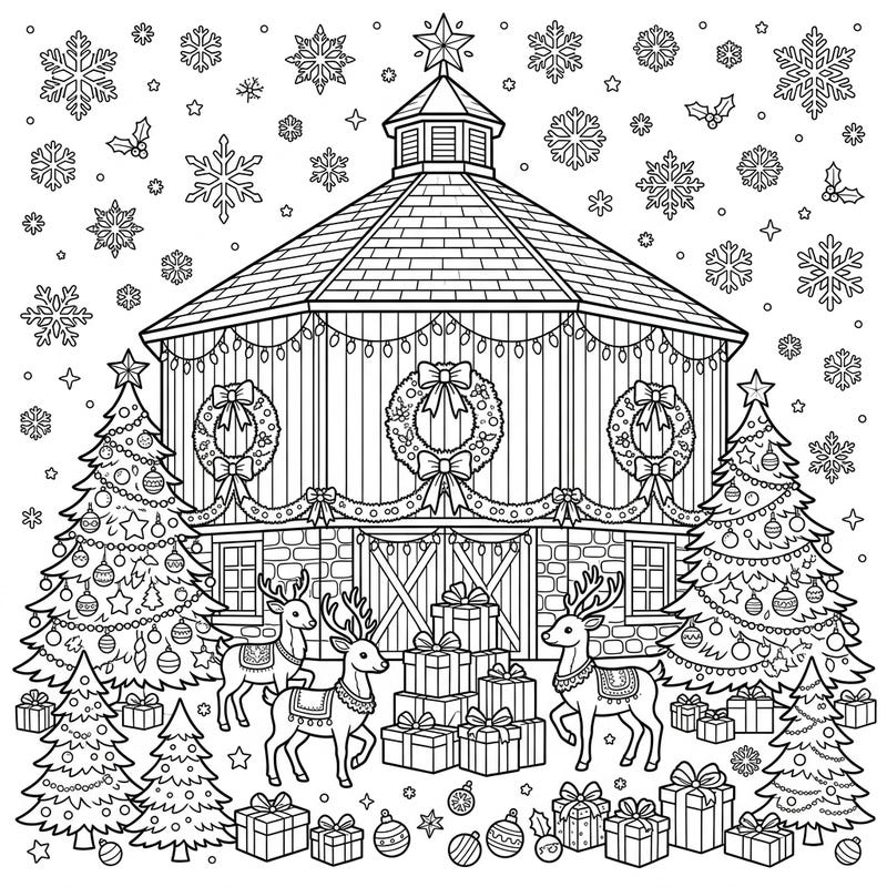 Step into a winter wonderland with this charming coloring page featuring a unique round barn festively decorated for Christmas. Discover intricate details like wreaths, reindeer, and presents, offering hours of creative holiday joy.
