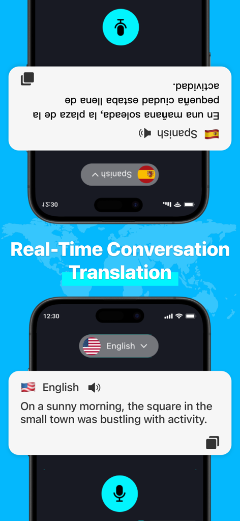 AI Real-time Translator - Eine geteilte Bildschirmanzeige, die eine Echtzeit-Englisch- und Spanisch-Sprachübersetzung für Zwei-Wege-Gespräche zeigt.