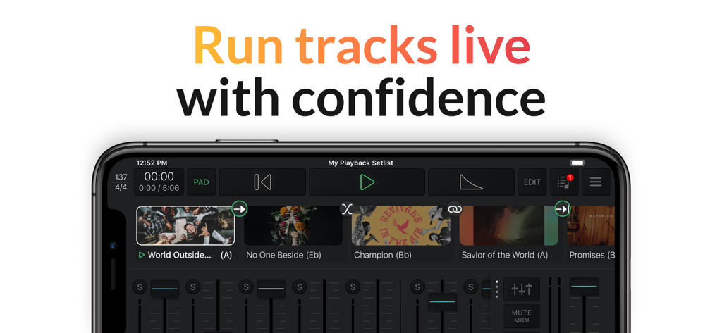 Interfaccia dell'app Playback su uno smartphone che mostra una scaletta musicale live e controlli del mixer audio