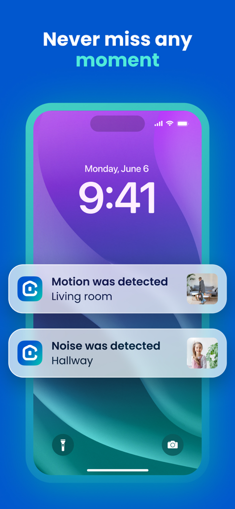 Smartphone-Bildschirm zeigt Bewegungs- und Geräuscherkennungsalarme der Camerito-Sicherheits-App