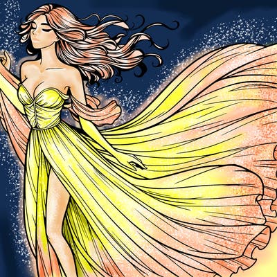 realistic woman in dress flowing the the wind