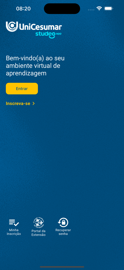 Écran de connexion de l'application Unicesumar Studeo avec un texte de bienvenue et des boutons d'entrée en portugais.