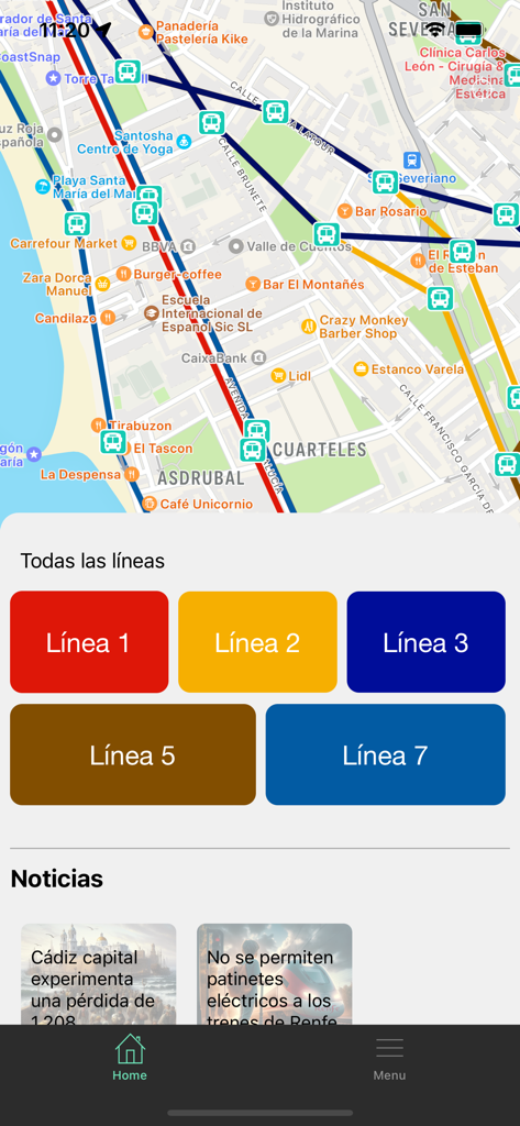 Bus Cadiz app home screen displaying a city map with bus stop locations and route buttons