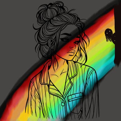 realistic woman with pajamas on and a messy bun