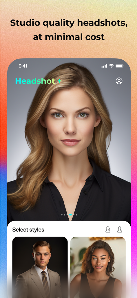 Pica AI: Photo Enhancer App - Pica AI app interface showing studio quality professional headshots and various portrait styles