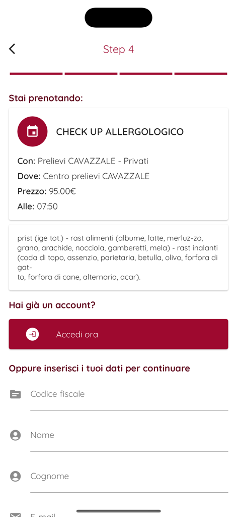 SEFAMO - Passaggio 4 del processo di prenotazione dell'app SEFAMO che mostra i dettagli di un controllo allergie, inclusi prezzo e orario, con un modulo per le informazioni personali.