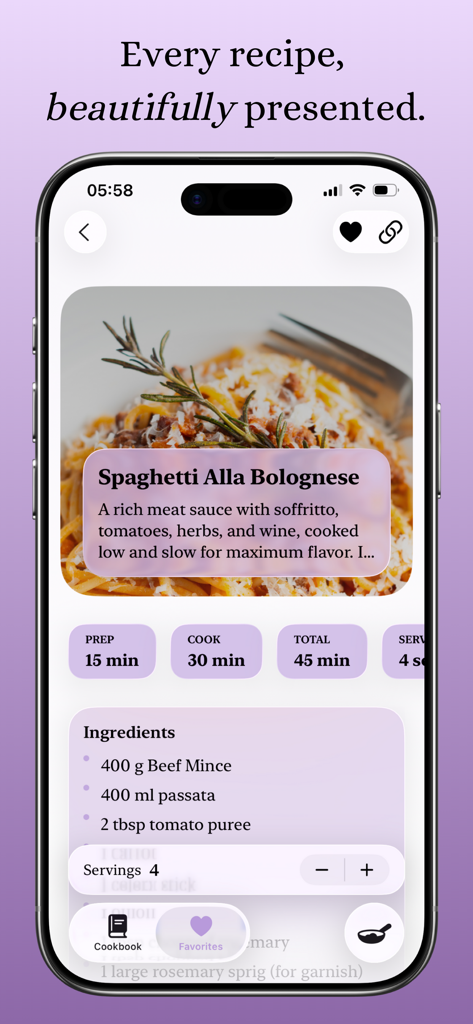 Cookup: Recipes & Tips - Pantalla de smartphone mostrando la aplicación Cookup con una receta detallada de espaguetis a la boloñesa con tiempo de preparación e ingredientes