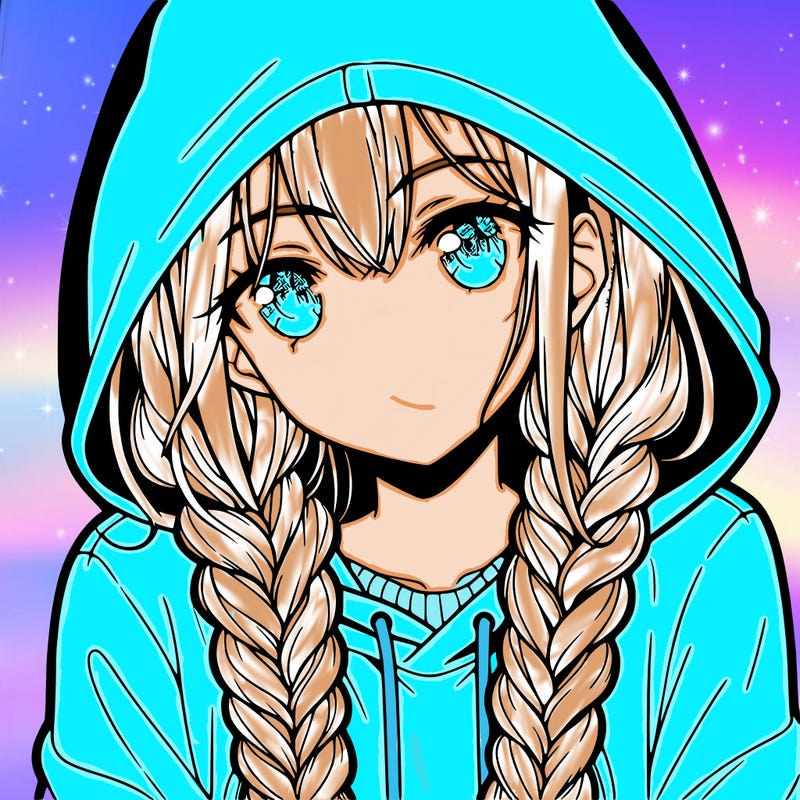 anime girl with long braids and hoodie