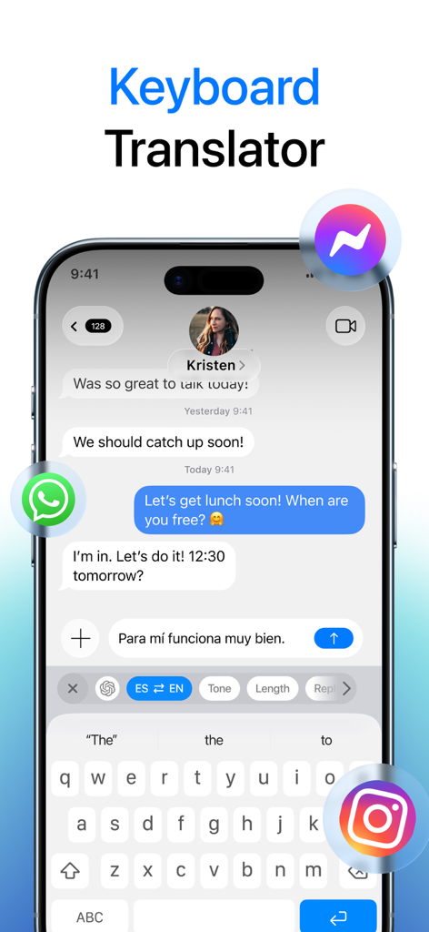 Keyboard translator feature of Translate Go app within a messaging interface.
