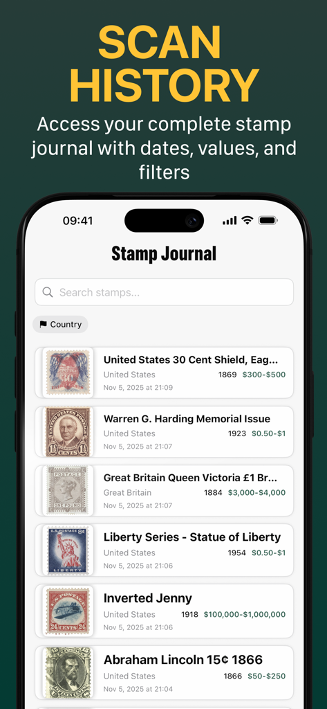 StampLens AI - Scan & Collect - A list of identified stamps in the StampLens AI journal showing their estimated market values