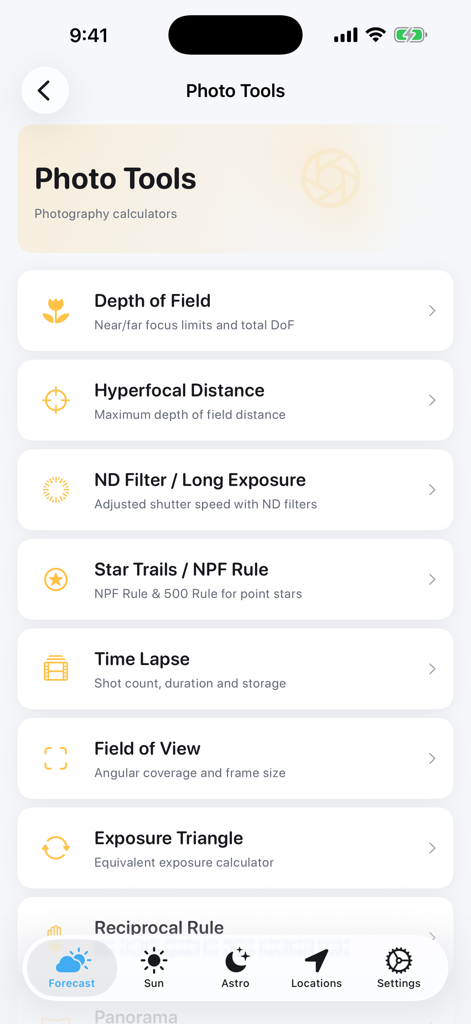 CloudScape - Interfaz de la aplicación CloudScape que muestra una lista de calculadoras de fotografía profesionales, incluidas herramientas de profundidad de campo y exposición