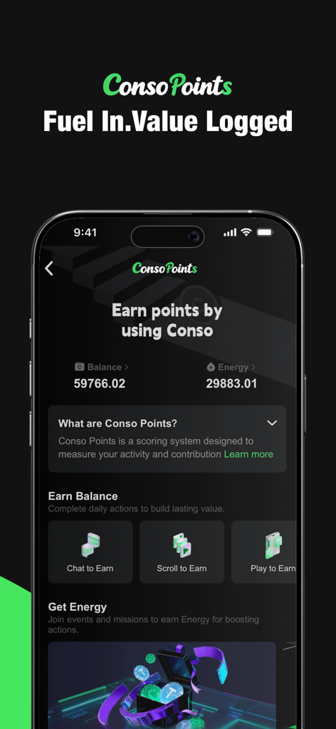 Conso - Telegram Web3 Console - Conso Points dashboard displaying user balance and activities to earn rewards