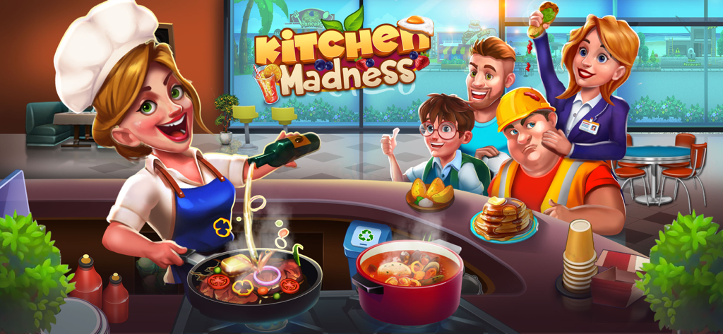 Kitchen Madness - Cooking Game - A female chef preparing meals for diverse customers in the Kitchen Madness mobile game.