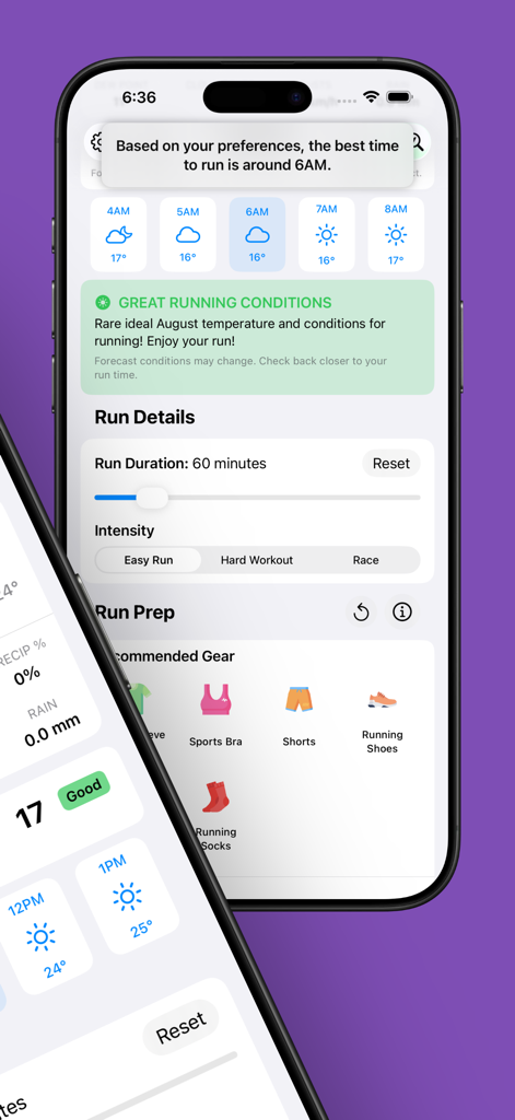 RunPrep - Weather for Runners - Smartphone screen of RunPrep app showing weather forecast and recommended running gear for ideal conditions