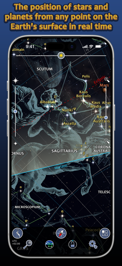 Real time sky map showing constellations and planets in the Earth 3D World Atlas app