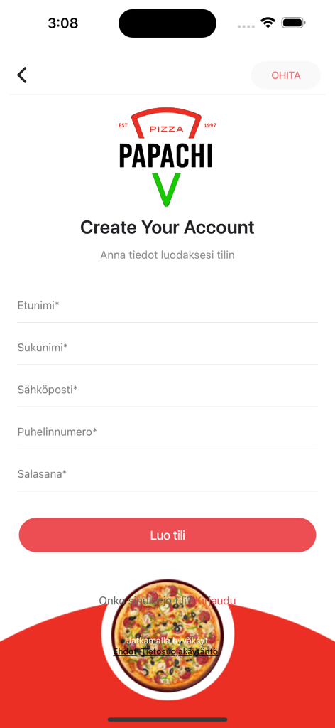 Papachi Pizzeria - Sign up screen for the Papachi Pizzeria mobile app in Finland