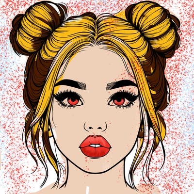 realistic girl with two buns on her hair and lips