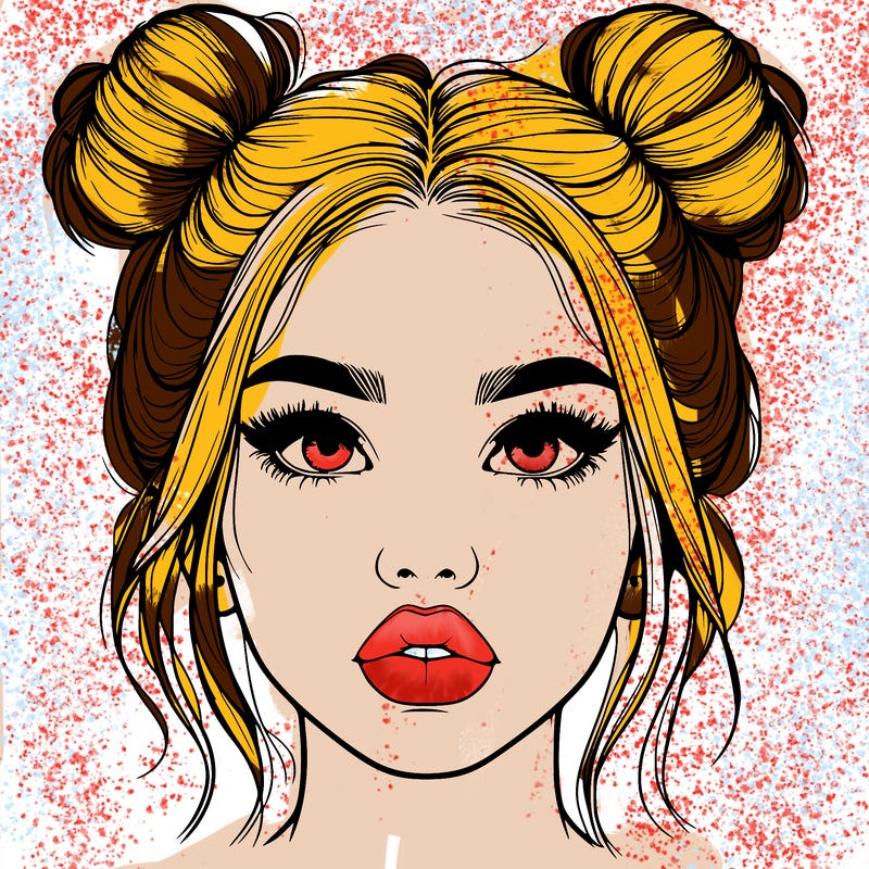 realistic girl with two buns on her hair and lips