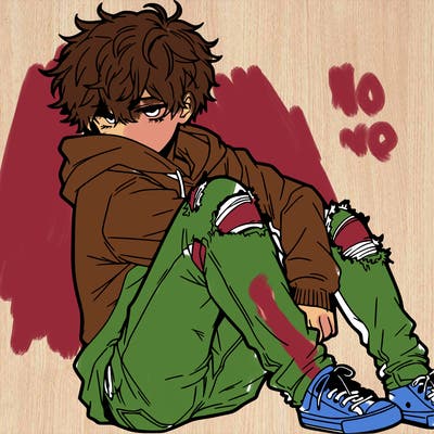 a male hoddie ripped jeans messy hair anime