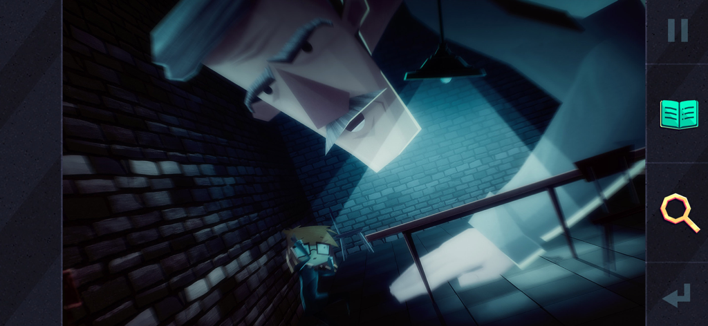 Uma cena dramática desenhada à mão de Jenny LeClue Detectivu mostrando a protagonista a enfrentar um grande personagem investigador numa sala escura.