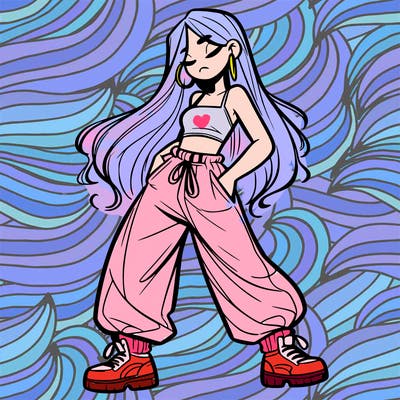 girl in baggy pants crop top and long hair