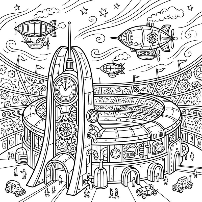 Step into a fantastical world where a magnificent stadium meets whimsical steampunk design. Kids will love bringing this imaginative scene to life with their favorite colors, complete with flying airships and intricate gears.