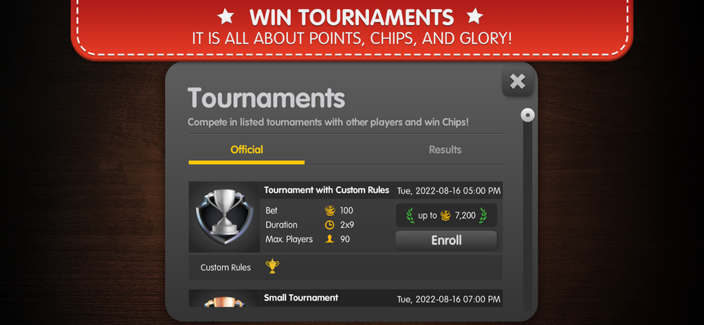 Schafkopf Sheepshead Online - Tournament selection screen in the Sheepshead Palace app showing official tournament listings and prize pools.