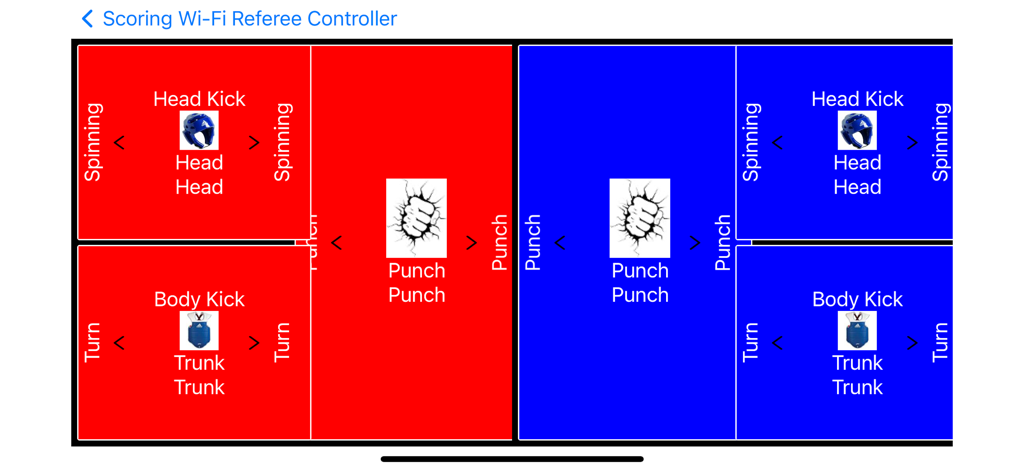 Scoring Wi-Fi Pro Client - Referee scoring interface with red and blue zones for tracking martial arts points like head kicks and punches