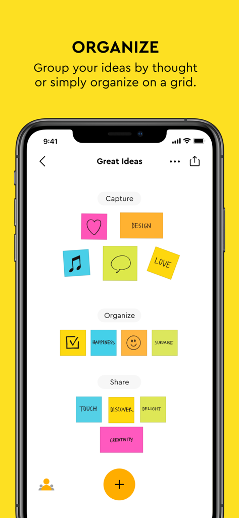 Post-it® - Schermata di uno smartphone che mostra l'app Post-it con note digitali colorate organizzate in gruppi.