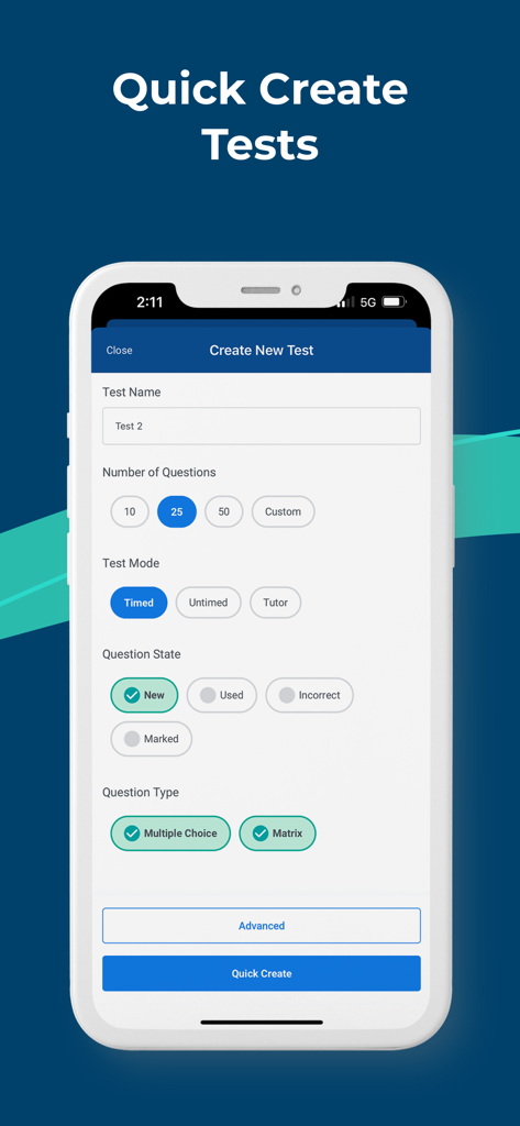 Interface of the TrueLearn SmartBanks app showing the quick create test feature with options for question count and test mode