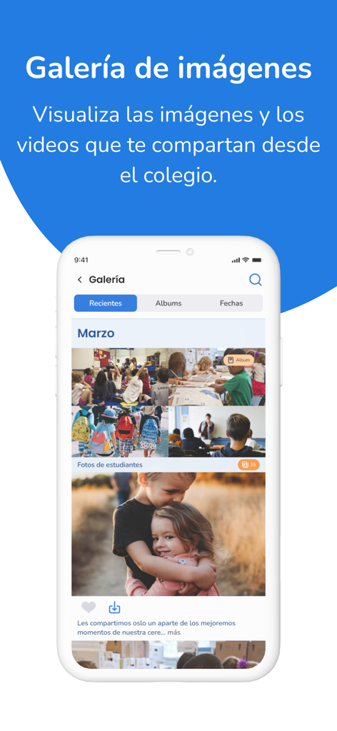 Colegium Families - Interface de l'application Colegium Families montrant une galerie de photos de l'école avec des images d'élèves et d'activités en classe