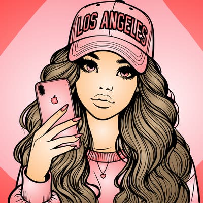 realistic beautiful girl wearing los ángeles cap holding an iphone
