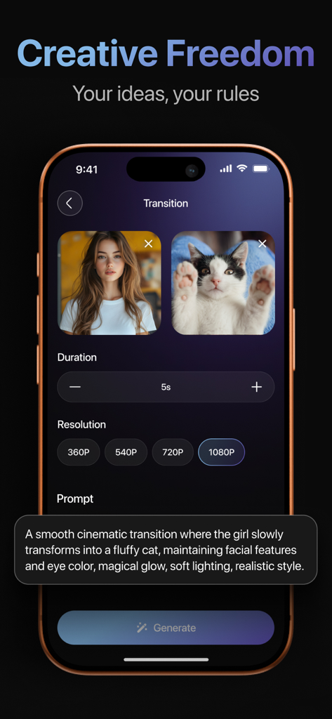 Synthesia.AI Video Generator - Synthesia AI video generatorアプリのインターフェース。女性がAIビデオトランジションを使用して猫にモーフィングするプロンプトを表示。