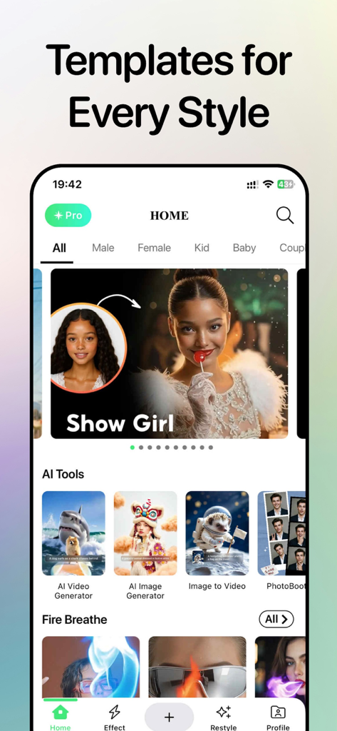 NoX Effect: AI Video Generator - Home screen of the NoX Effect app showing various AI video and image generation templates.