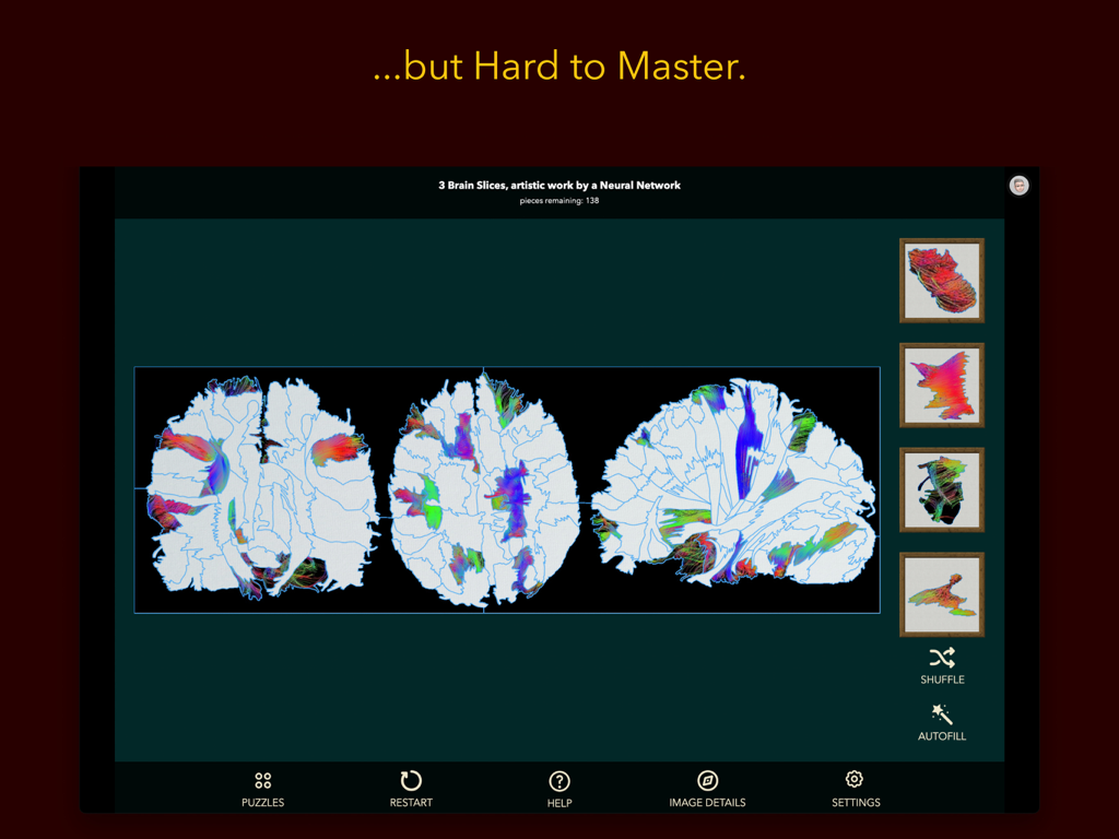 Anatomy Puzzles - Un complejo rompecabezas de corte cerebral con patrones de redes neuronales multicolores en la interfaz de la aplicación Puzzles de Anatomía