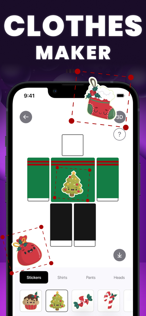 Interface de l'application Skins and Avatars Clothes Maker montrant un design de chemise sur le thème de Noël avec des autocollants et des modèles