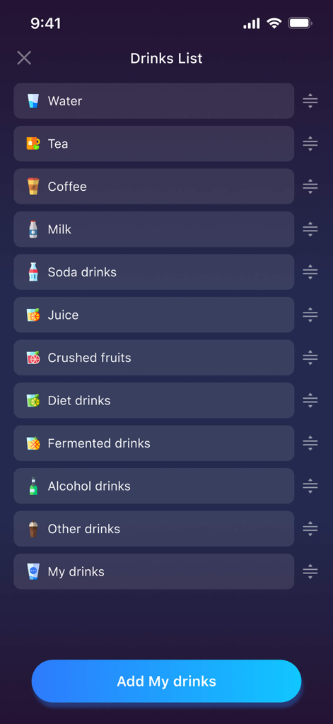 Drink water: Drinking reminder - Une liste de différentes boissons à suivre dans l'application Drink Water, y compris l'eau, le thé, le café et le jus