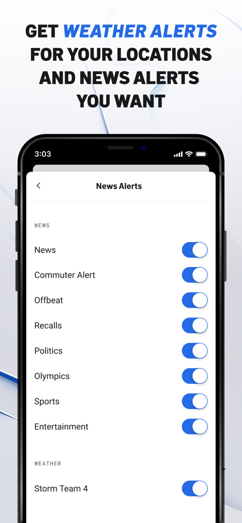 NBC 4 New York: News & Weather - Pantalla de configuración de alertas de noticias de la aplicación NBC 4 New York con interruptores de notificación personalizables para temas como clima, política y deportes.