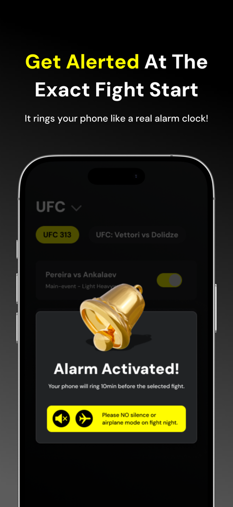 FightAlarm App - FightAlarm app interface showing a golden bell icon with an Alarm Activated message for a combat sports event
