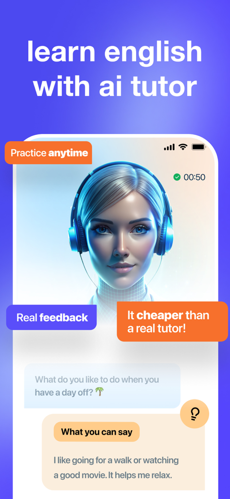Speals AI - Language Learning - Speals AI App-Oberfläche mit einem KI-Tutor-Avatar mit Kopfhörern und einem Gesprächsübung-Bildschirm zum Erlernen von Englisch.