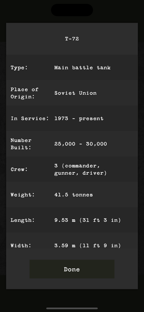 Detailed specifications for the T-72 main battle tank including its origin, weight, and dimensions
