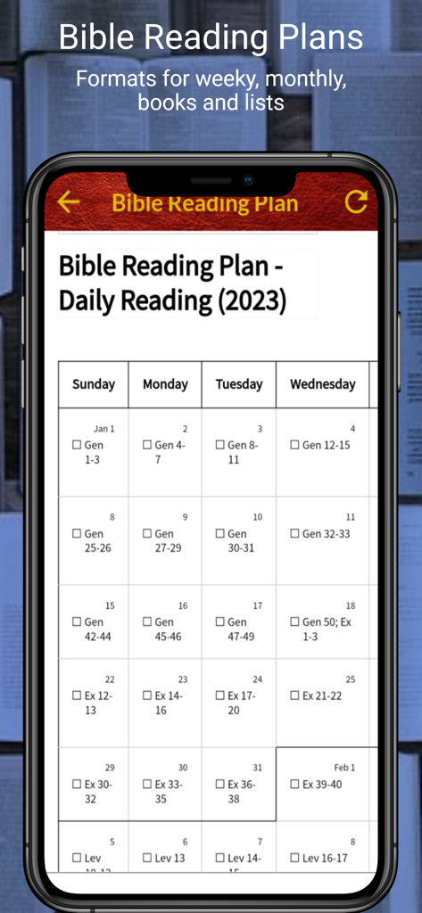 BBE Basic English Bible - Un teléfono móvil mostrando un calendario de plan de lectura bíblica diaria en la aplicación BBE Basic English Bible