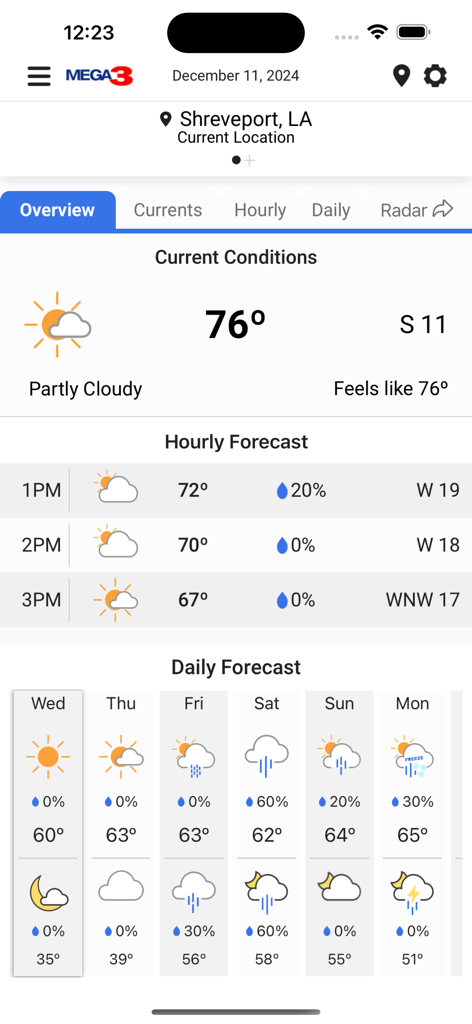 Storm Team 3 - Interfaz de la aplicación meteorológica Storm Team 3 que muestra las condiciones actuales, el pronóstico por horas y diario para Shreveport, Luisiana