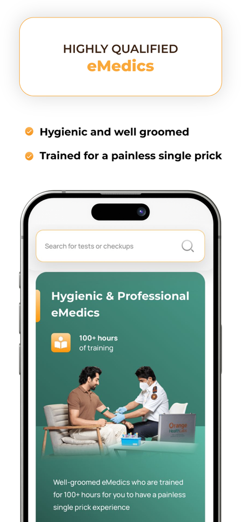 Orange Health Labs: Blood Test - Professional eMedic performing a painless blood sample collection at home