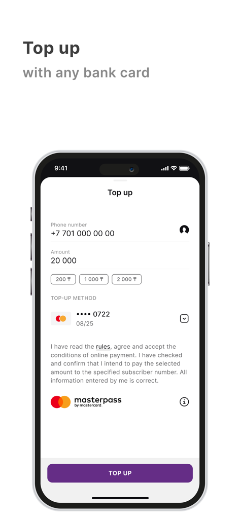 Kcell - Interface of the Kcell app showing the top up screen with mobile number and Mastercard payment option