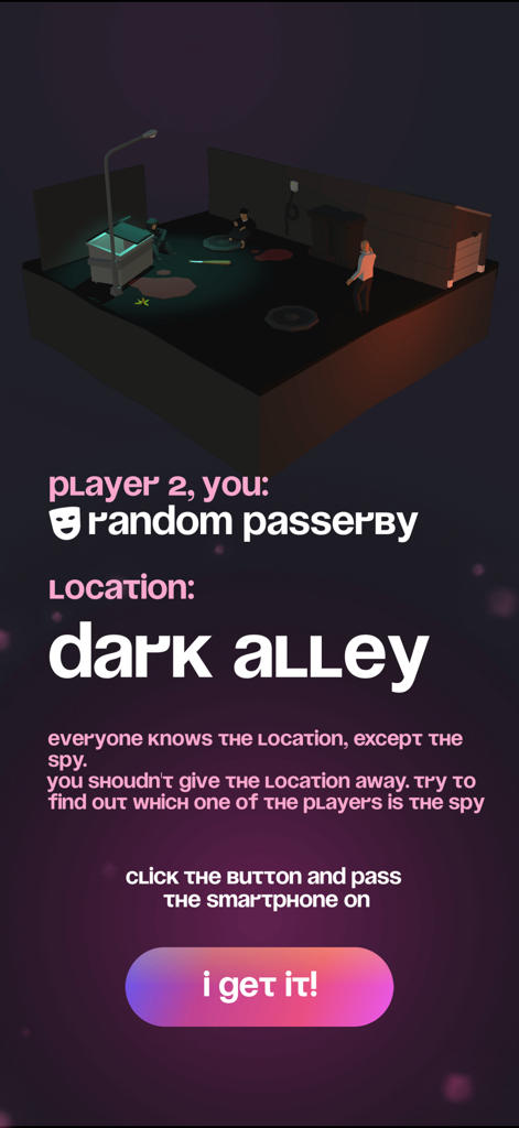 Spy - party game - Gameplay screen of Spy party game showing player role as random passerby in a 3D dark alley location