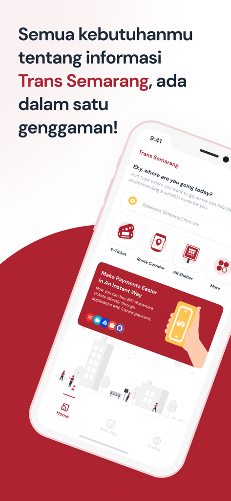 Trans Semarang mobile app home screen showing navigation and payment features