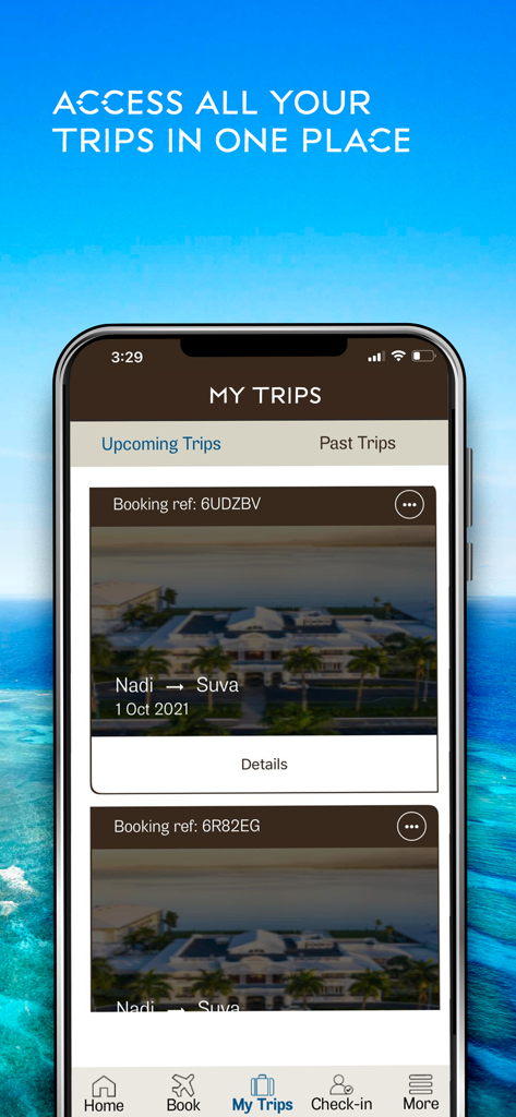 다가오는 항공편 여정을 보여주는 피지 항공 앱의 내 여행 섹션이 표시된 스마트폰 화면