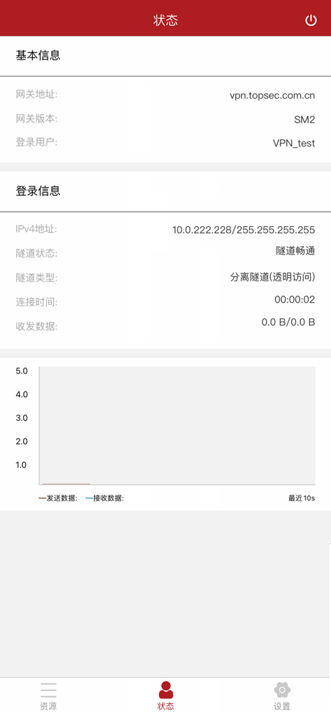 安全接入 - Status screen of the Secure Access app showing VPN connection details including IP address tunnel type and data traffic graph