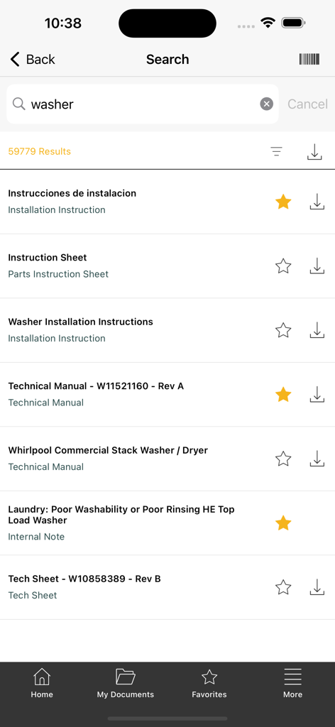 ServiceMatters - ServiceMatters app search results screen showing technical manuals and installation instructions for a washer